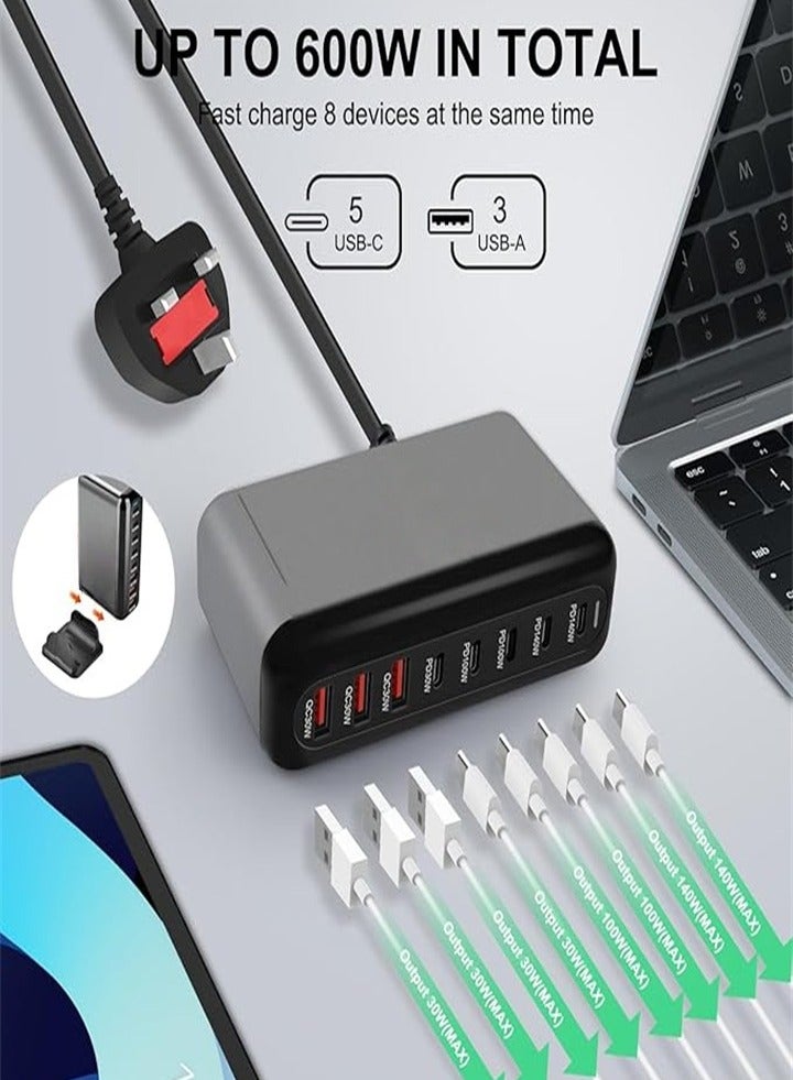 شاحن USB A وUSB C بقوة 600 وات مزود بـ 8 منافذ شحن سريع ومقبس حائطي متعدد المنافذ ومحطة شحن سطح المكتب ومحول طاقة وشاحن كمبيوتر محمول مع سلك طاقة بطول 1.5 متر باللون الأسود - Image 3