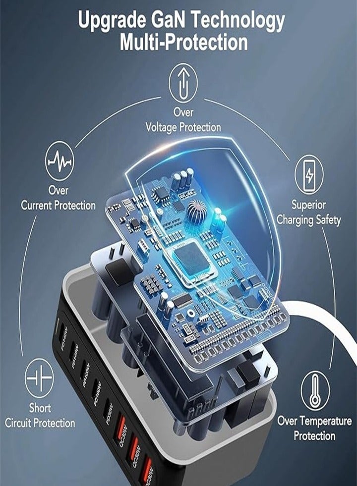 شاحن USB A وUSB C بقوة 600 وات مزود بـ 8 منافذ شحن سريع ومقبس حائطي متعدد المنافذ ومحطة شحن سطح المكتب ومحول طاقة وشاحن كمبيوتر محمول مع سلك طاقة بطول 1.5 متر باللون الأسود - Image 4