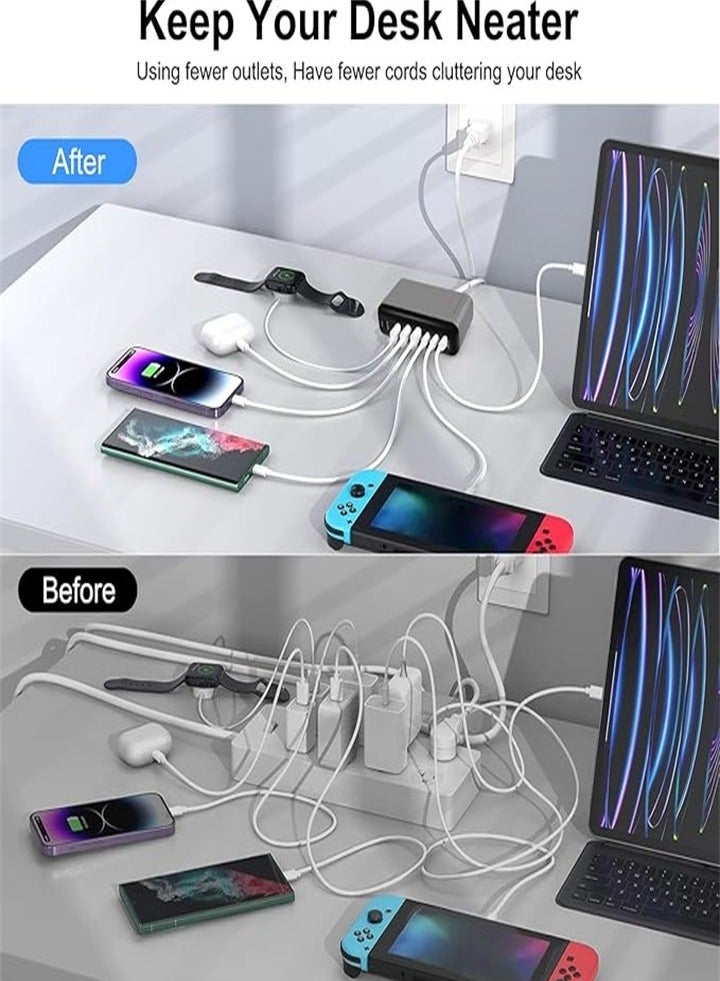 شاحن USB A وUSB C بقوة 600 وات مزود بـ 8 منافذ شحن سريع ومقبس حائطي متعدد المنافذ ومحطة شحن سطح المكتب ومحول طاقة وشاحن كمبيوتر محمول مع سلك طاقة بطول 1.5 متر باللون الأسود - Image 2