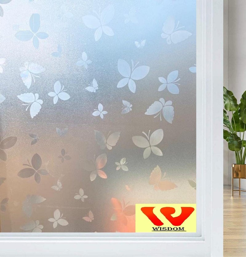 WISDOM Privacy Window Film Frosted Glass Film Glass Film No Glue Anti-UV Window Sticker Non Adhesive for Privacy Office Meeting Room Bathroom Living Room (Butter Fly Frosted, 24 x 96) - Image 1