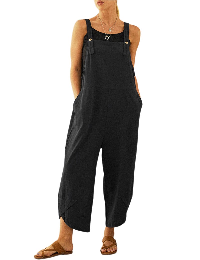 Uaneo Womens Cotton Adjustable Casual Summer Bib Overalls Jumpsuits with Pockets (Black, Small) - Image 1