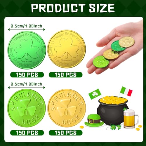 Sanwuta 600 Pcs St Patricks Day Gold Coins Plastic Gold Green Lucky Coins St Patricks Day Decorations 3 Clover Coins Shamrock Leprechaun Coins for Irish Party Table Favors - Image 5