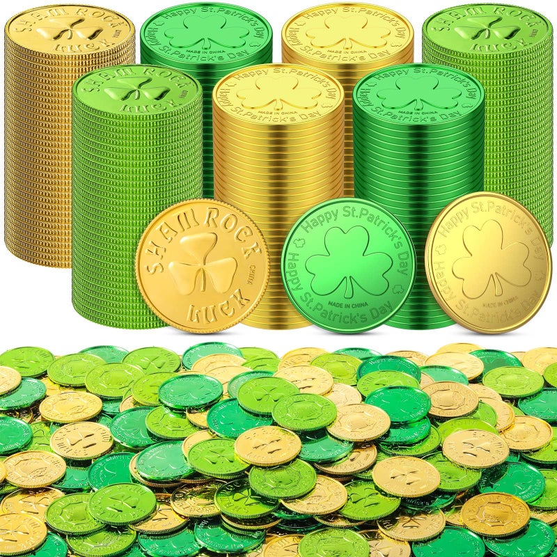 Sanwuta 600 Pcs St Patricks Day Gold Coins Plastic Gold Green Lucky Coins St Patricks Day Decorations 3 Clover Coins Shamrock Leprechaun Coins for Irish Party Table Favors - Image 3