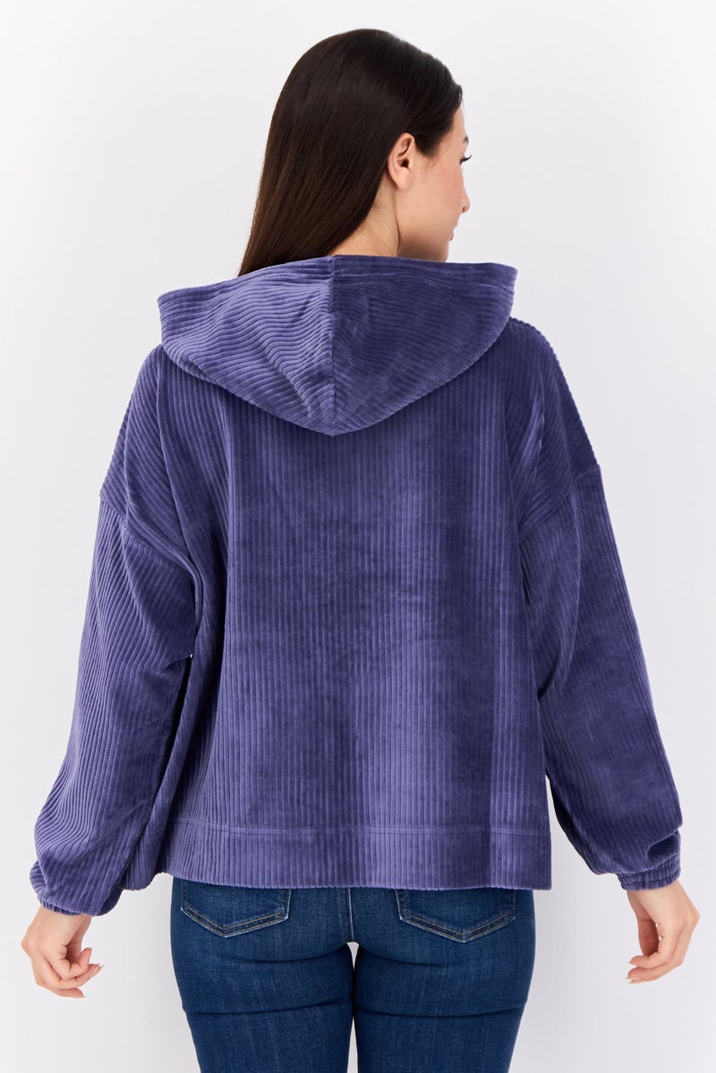 Aerie Women Ribbed Long Sleeve Hoodie, Slate Blue - Image 3