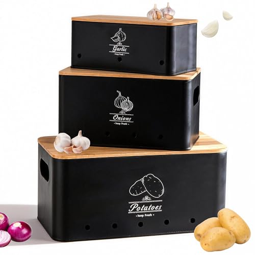 Tenforie Potato Onion and Garlic Storage Bin Set of 3, Black Metal Kitchen Vegetable Canisters with Bamboo Lid and Aerating Holes, Stackable Kitchen Storage Tin for Countertop Pantry - Image 1