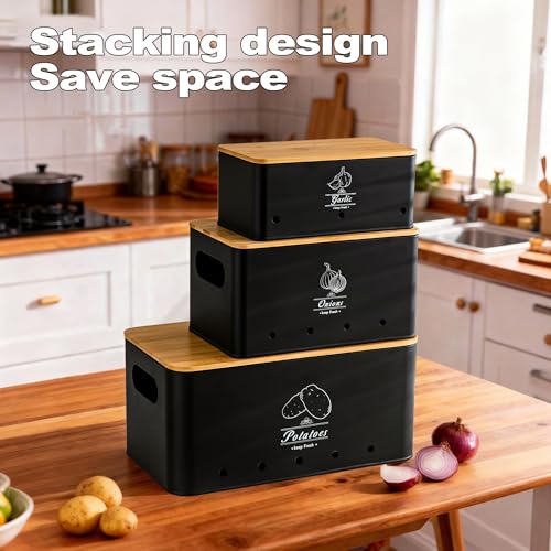 Tenforie Potato Onion and Garlic Storage Bin Set of 3, Black Metal Kitchen Vegetable Canisters with Bamboo Lid and Aerating Holes, Stackable Kitchen Storage Tin for Countertop Pantry - Image 3