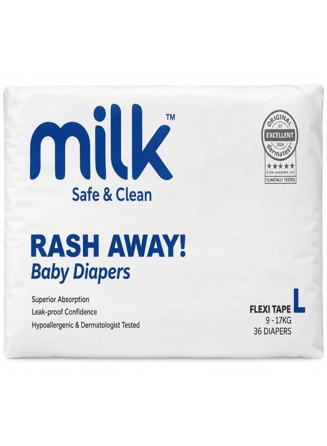 Milk Diaper Milk Baby Diapers Flexi Tape Size L (9–17 kg), 36 Count – Soft, Leak-Proof, Comfortable Fit for Babies,