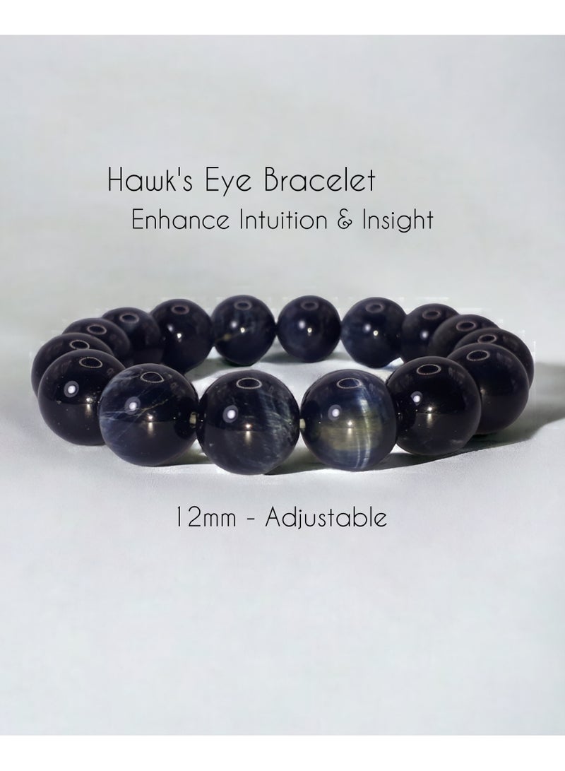 HADIGEMS 12mm Natural Rare Hawk's Eye Gemstone Strech Bracelet - Image 1