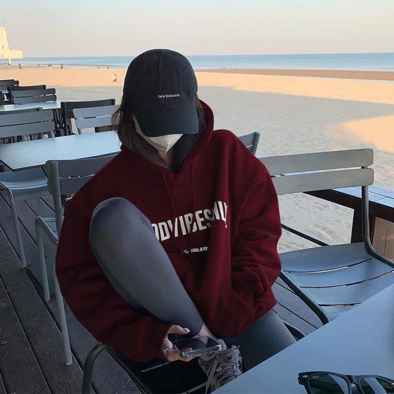 fleece-lined Hooded Sweatshirt Womens Autumn and Winter New Loose Letter Printing Korean Style Fashion Students Coat Long Sleeve Top Trendy 21 wine red