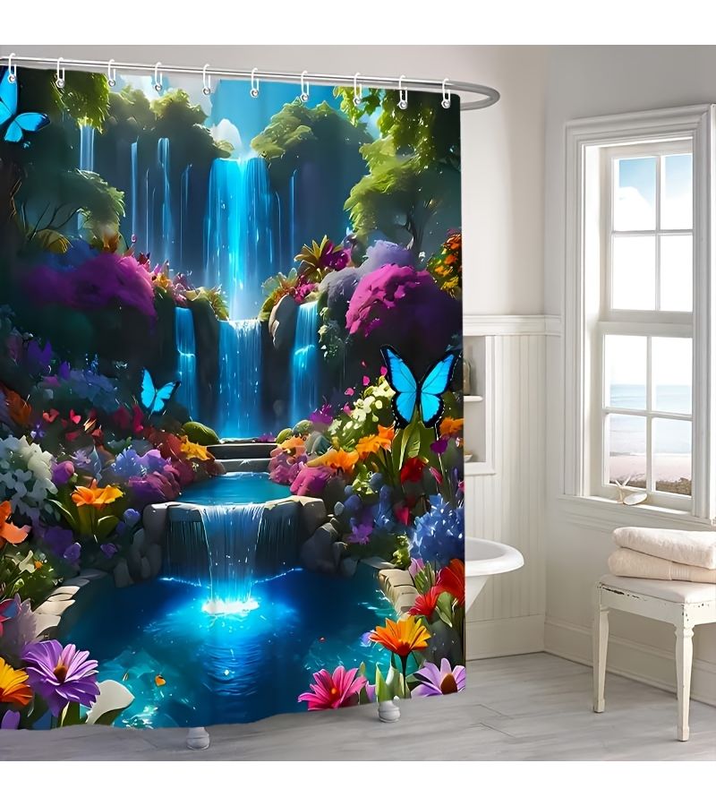 1pc High Quality Opaque Butterfly Floral Shower Curtain Set 59 06 X 70 87 Inch Bathroom Decor Includes Non Slip Rug Toilet Seat Cover Bath Mat And 12 Durable Hooks - Image 2