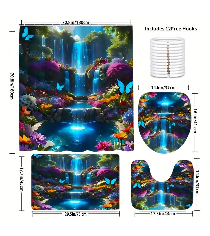 1pc High Quality Opaque Butterfly Floral Shower Curtain Set 59 06 X 70 87 Inch Bathroom Decor Includes Non Slip Rug Toilet Seat Cover Bath Mat And 12 Durable Hooks - Image 4