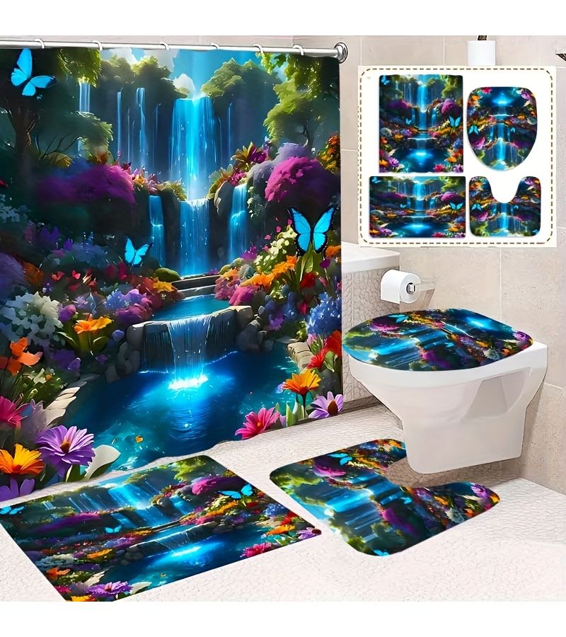 1pc High Quality Opaque Butterfly Floral Shower Curtain Set 59 06 X 70 87 Inch Bathroom Decor Includes Non Slip Rug Toilet Seat Cover Bath Mat And 12 Durable Hooks - Image 1