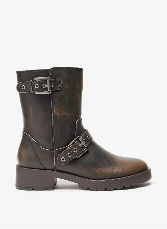 لي كوبر Womens Buckled Strap Accent Boots with Zip Closure and Block Heels