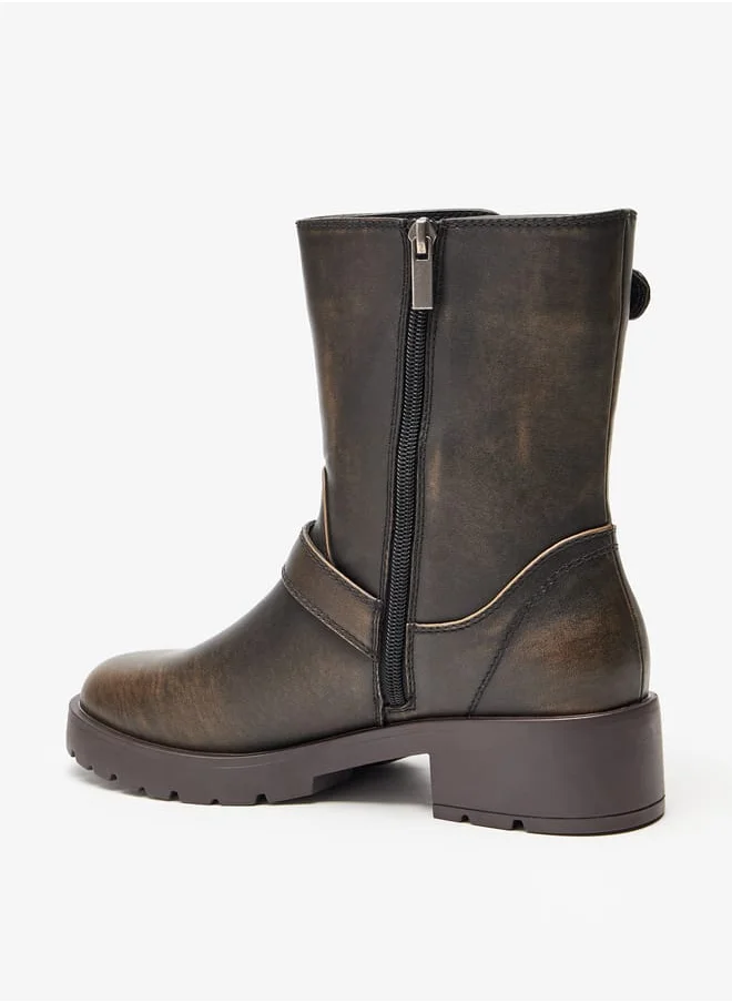 لي كوبر Womens Buckled Strap Accent Boots with Zip Closure and Block Heels