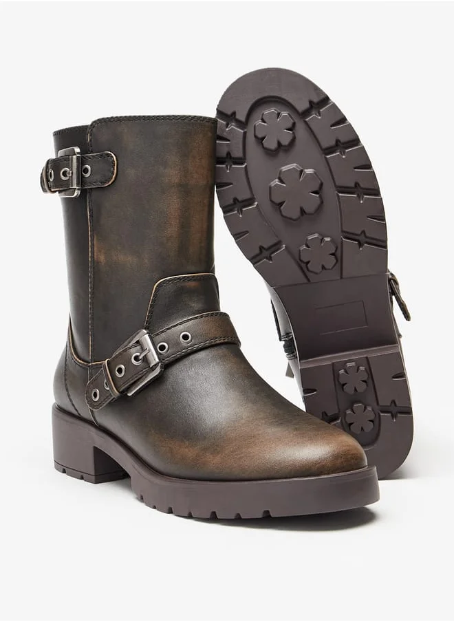 لي كوبر Womens Buckled Strap Accent Boots with Zip Closure and Block Heels