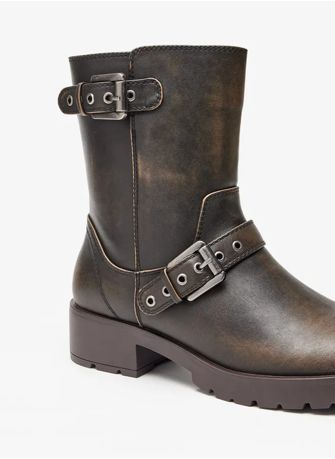 لي كوبر Womens Buckled Strap Accent Boots with Zip Closure and Block Heels