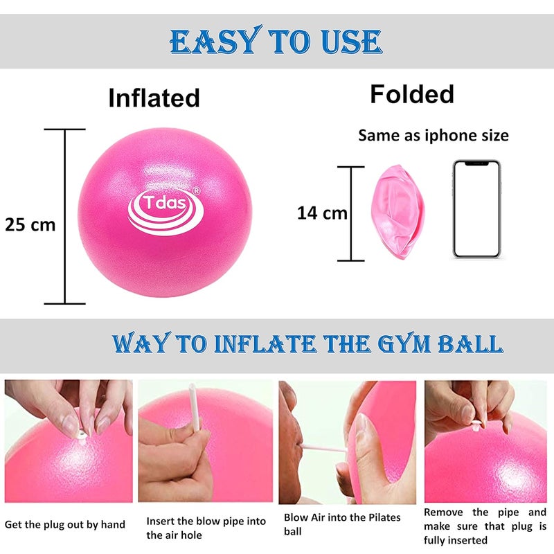 Tdas Mini Gym Ball – 25 CM Exercise Ball with Inflatable Straw Home Gym Swiss Yoga Fitness Physiotherapy Physio Massage Balls Birth Pregnancy Pilates (Pink, 25 CM) - Image 3