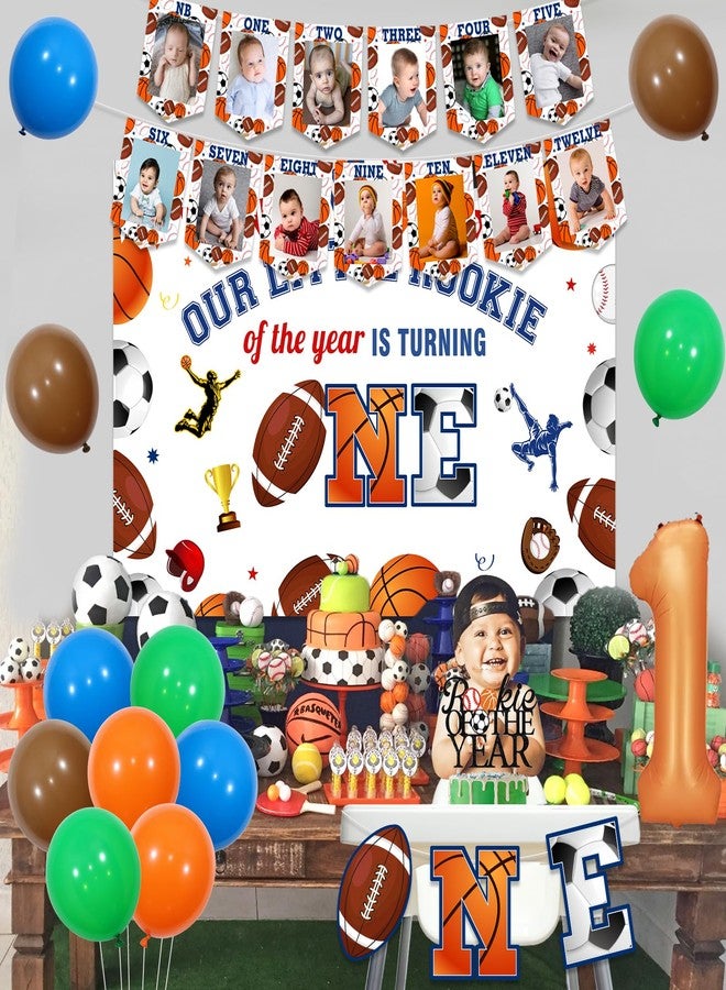 Balterever Sports Theme First Birthday Decorations Football Basketball Baseball First Birthday Decors with Our Little Rookie is Turning One Backdrop High Chair Banner Photo Banner Cake Topper for Boys - Image 4