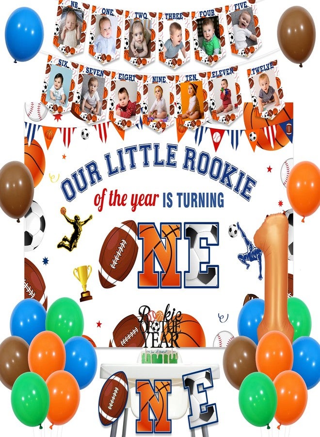 Balterever Sports Theme First Birthday Decorations Football Basketball Baseball First Birthday Decors with Our Little Rookie is Turning One Backdrop High Chair Banner Photo Banner Cake Topper for Boys - Image 1
