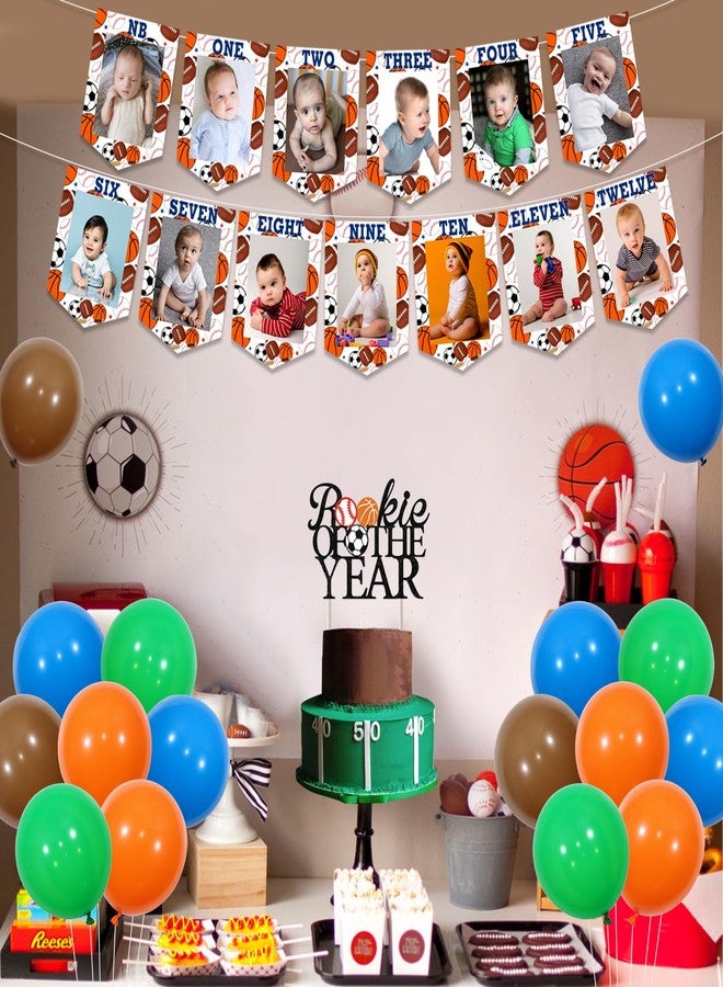Balterever Sports Theme First Birthday Decorations Football Basketball Baseball First Birthday Decors with Our Little Rookie is Turning One Backdrop High Chair Banner Photo Banner Cake Topper for Boys - Image 2