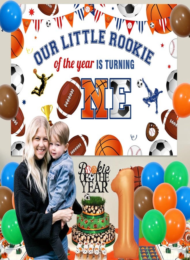 Balterever Sports Theme First Birthday Decorations Football Basketball Baseball First Birthday Decors with Our Little Rookie is Turning One Backdrop High Chair Banner Photo Banner Cake Topper for Boys - Image 3