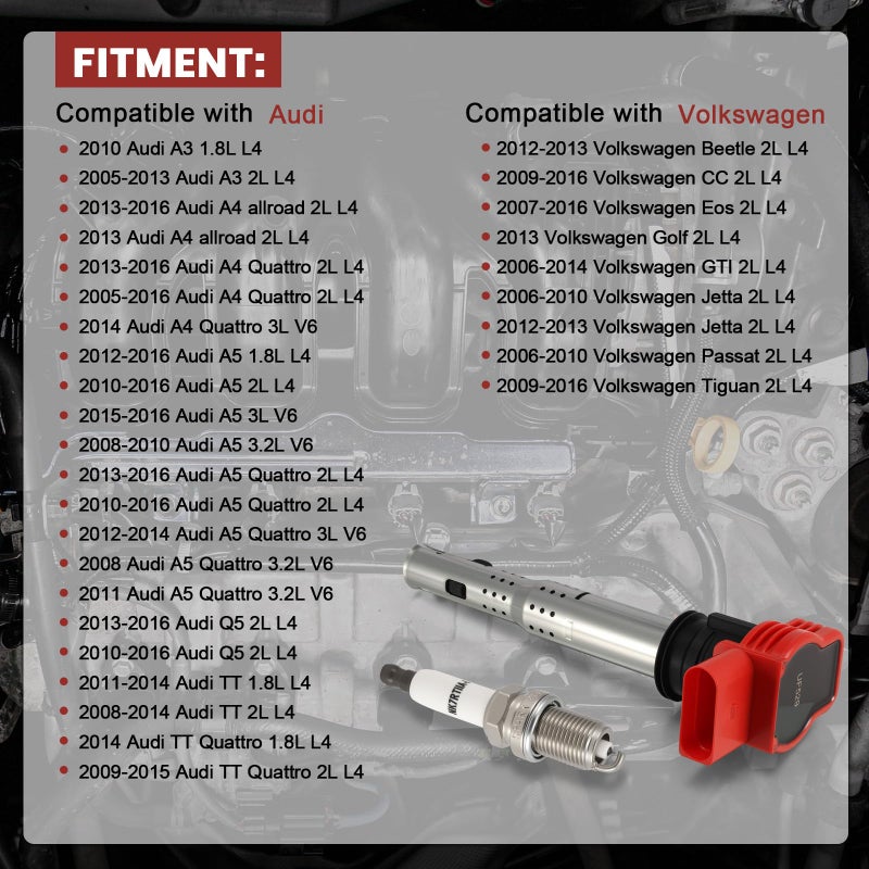 KacuYelin UF529 Ignition Coil Pack and Double Iridium Spark Plugs Set of 4 Compatible with Audi A4 A6 Volkswagen VW CC Passat GTI 2008 2009 2010 2011 2012 2013 2014 2015 2016 2.0 2.0T Coil Packs 06E905115E - Image 2