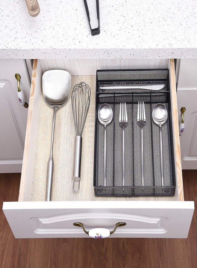 WuGeShop Silverware Drawer Organizer Black, Kitchen Drawer Organizer Metal Mesh Utensil Tray Non-Slip Cutlery Tray, 5 Compartments - Image 2