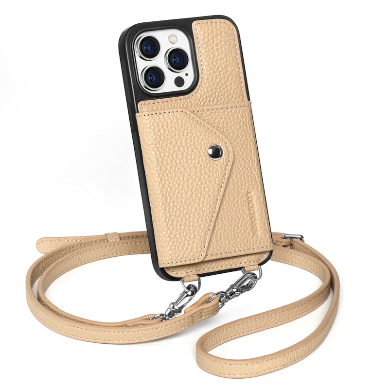 LUCKYCOIN Crossbody Phone Case for iPhone 14 Pro Max100 Genuine Leather Phone Wallet Case for Women Premium HandsFree Phone Purse with Expandable Flip Card Holder Adjustable Strap Pebble Beige - Image 2