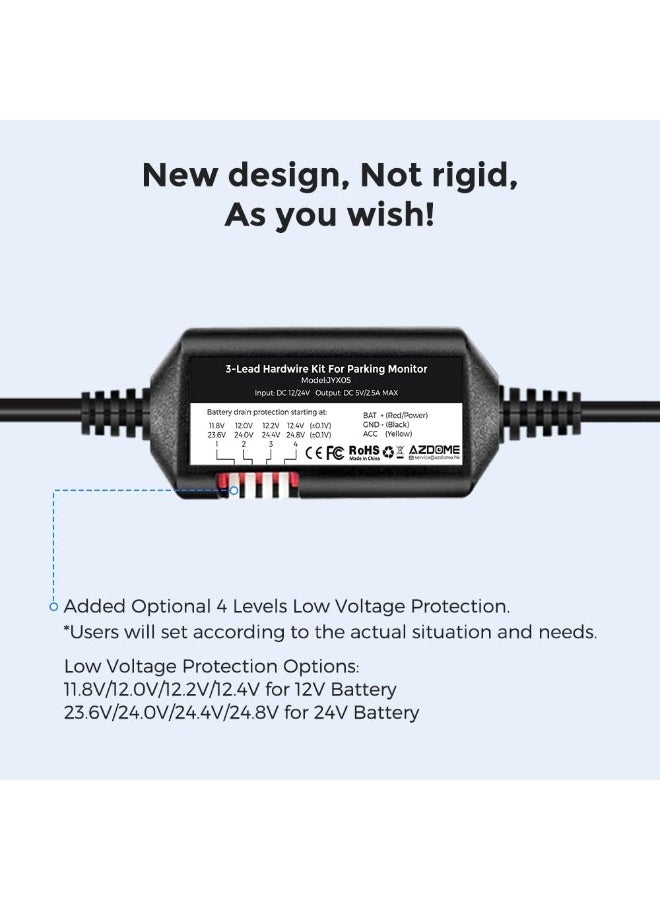 AZDOME 3-Lead ACC Hardwire Kit Type-C USB Port for M550 M580 M660 M01Pro PG17 GS63HPro DashCam,12ft with Fuse Kit, Dash Camera 24H Parking Monitor,Convert 12V-24V to Output 5V/2.5A Max,Low Voltage Protection - Image 2