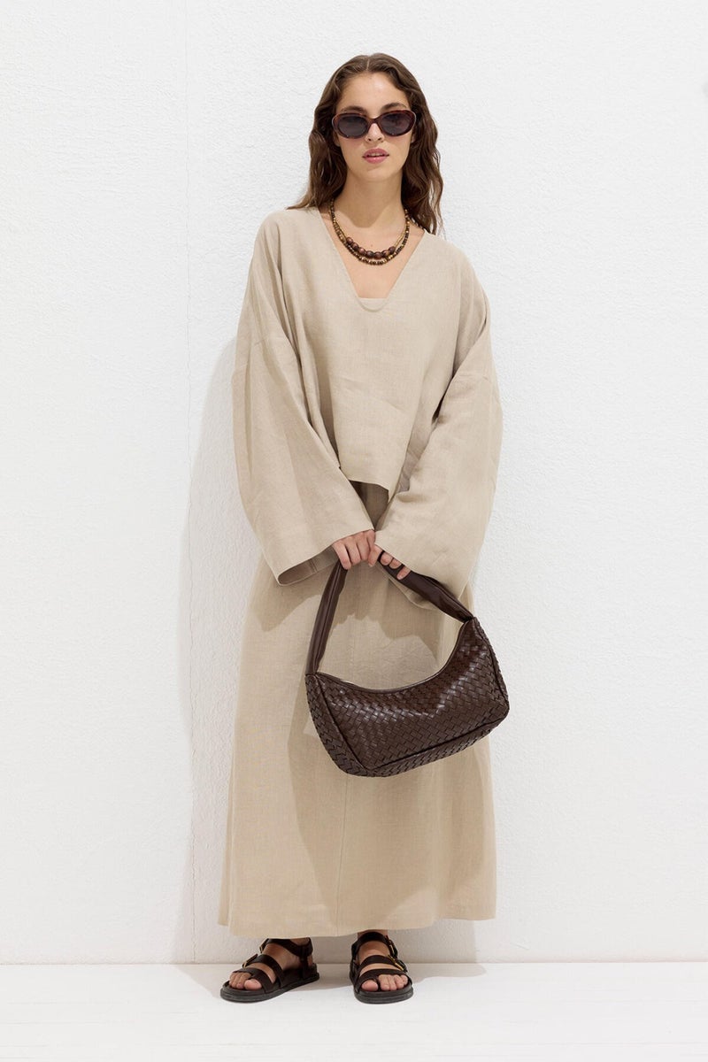 Manuka Premium V-Neck Linen Blouse Sand  - Image 1