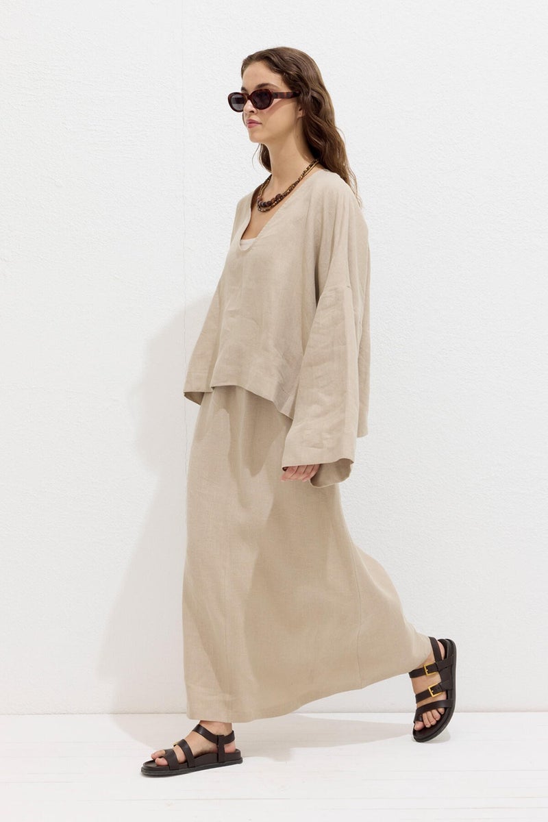 Manuka Premium V-Neck Linen Blouse Sand  - Image 3