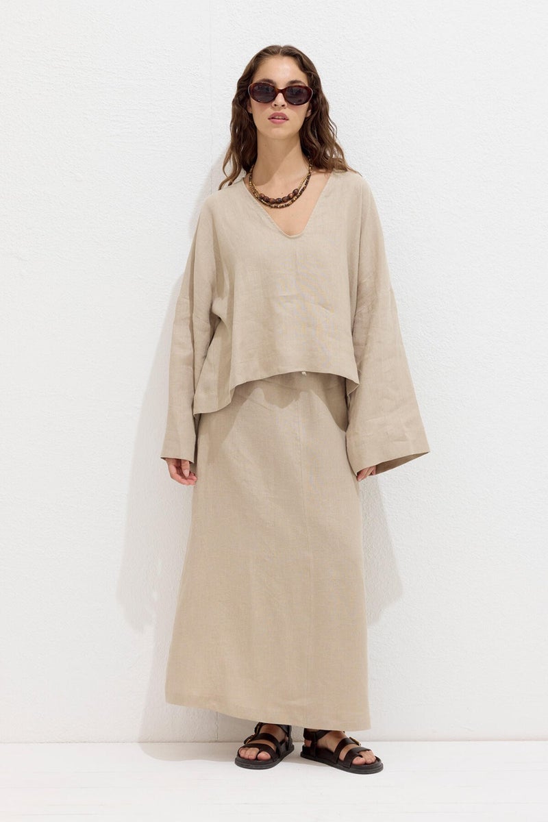 Manuka Premium V-Neck Linen Blouse Sand  - Image 2