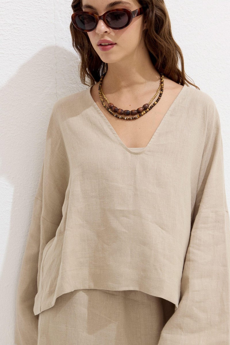 Manuka Premium V-Neck Linen Blouse Sand  - Image 4