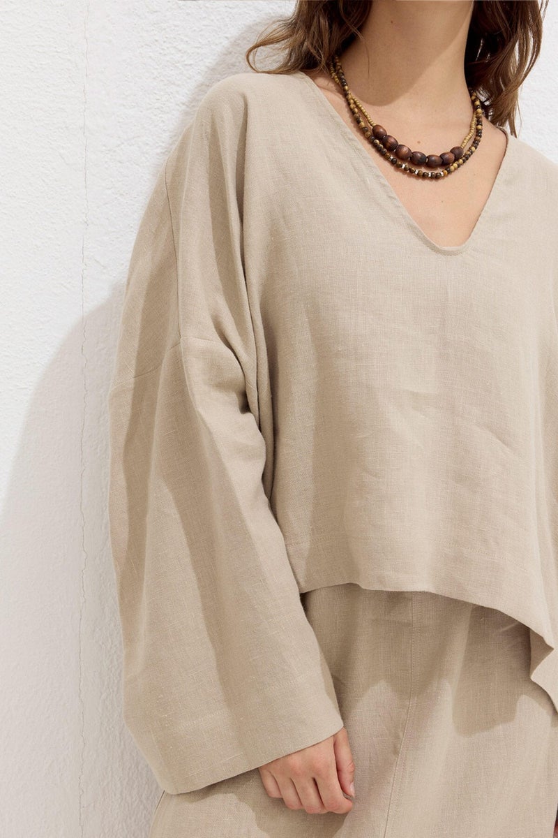 Manuka Premium V-Neck Linen Blouse Sand  - Image 5