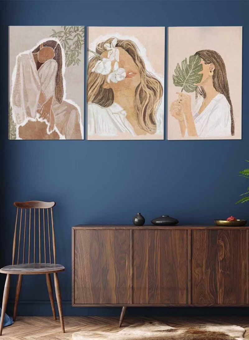أجريون طقم من ٣ لوحات كانفاس على إطار خشبي تصميم فتاة جميلة للمنزل غرفة المعيشة المكتب الديكور - Image 2