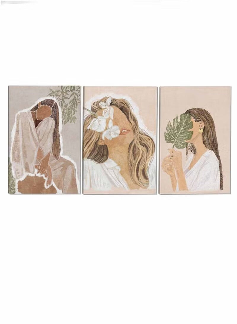 أجريون طقم من ٣ لوحات كانفاس على إطار خشبي تصميم فتاة جميلة للمنزل غرفة المعيشة المكتب الديكور - Image 4