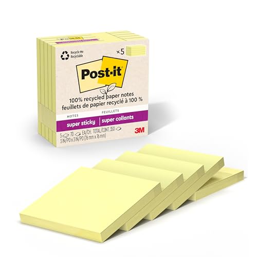 Post It Post-it 100% Recycled Paper Super Sticky Notes, 2X The Sticking Power, 3x3 in, 5 Pads, 70 Sheets/Pad, Canary Yellow (654R-5SSCY) - Image 1