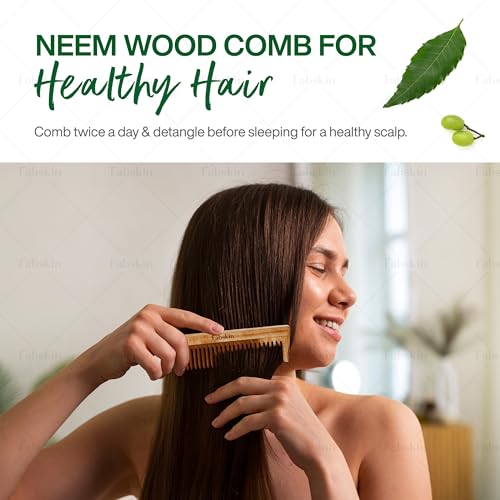 Fabskin Neem Wooden Comb Set of 2 For Men & Women | Detangling, Frizz Control & Shine | Handle & Wide Tooth Comb | For All Hair Types - Image 4