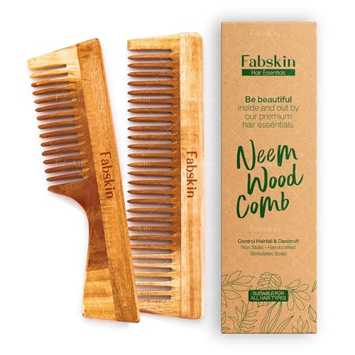 Fabskin Neem Wooden Comb Set of 2 For Men & Women | Detangling, Frizz Control & Shine | Handle & Wide Tooth Comb | For All Hair Types - Image 1