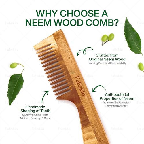 Fabskin Neem Wooden Comb Set of 2 For Men & Women | Detangling, Frizz Control & Shine | Handle & Wide Tooth Comb | For All Hair Types - Image 3