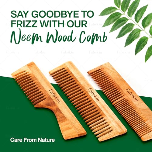 Fabskin Neem Wooden Comb Set of 2 For Men & Women | Detangling, Frizz Control & Shine | Handle & Wide Tooth Comb | For All Hair Types - Image 2