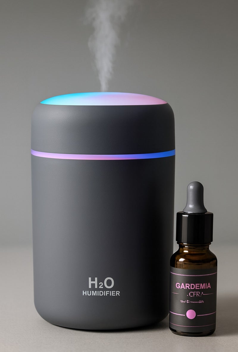 H2O 2-Piece Portable Mini Humidifier & 10ml Gardenia Essential Oil Set - 180ml USB Diffuser with RGB LED Light - Image 1