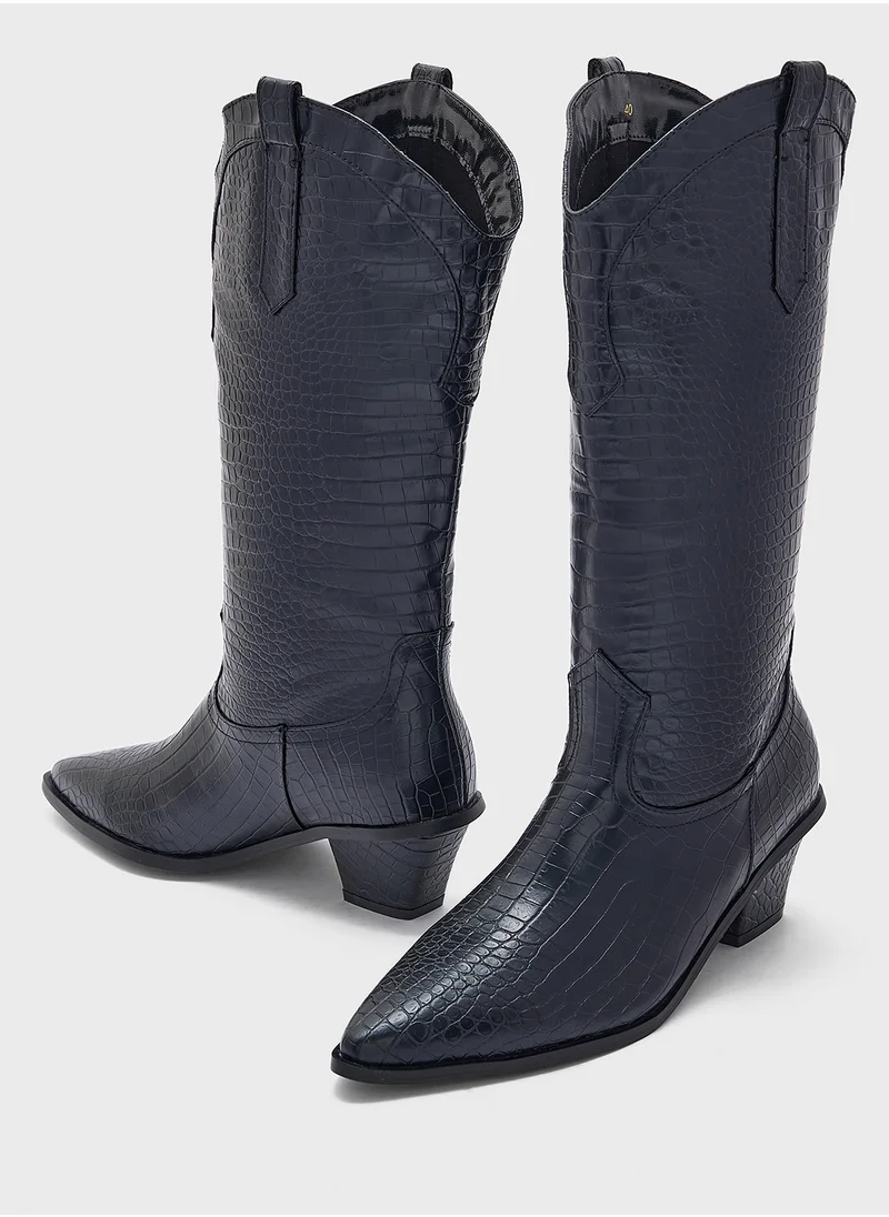 ELLA Tapered Heel Pointy Croc Knee Length Boot