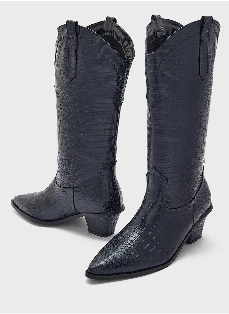 ELLA Tapered Heel Pointy Croc Knee Length Boot  - Image 4