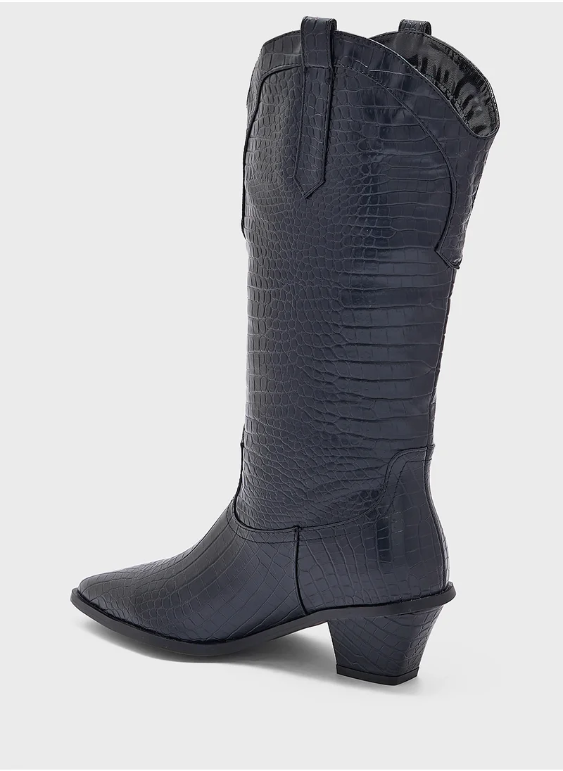 ELLA Tapered Heel Pointy Croc Knee Length Boot