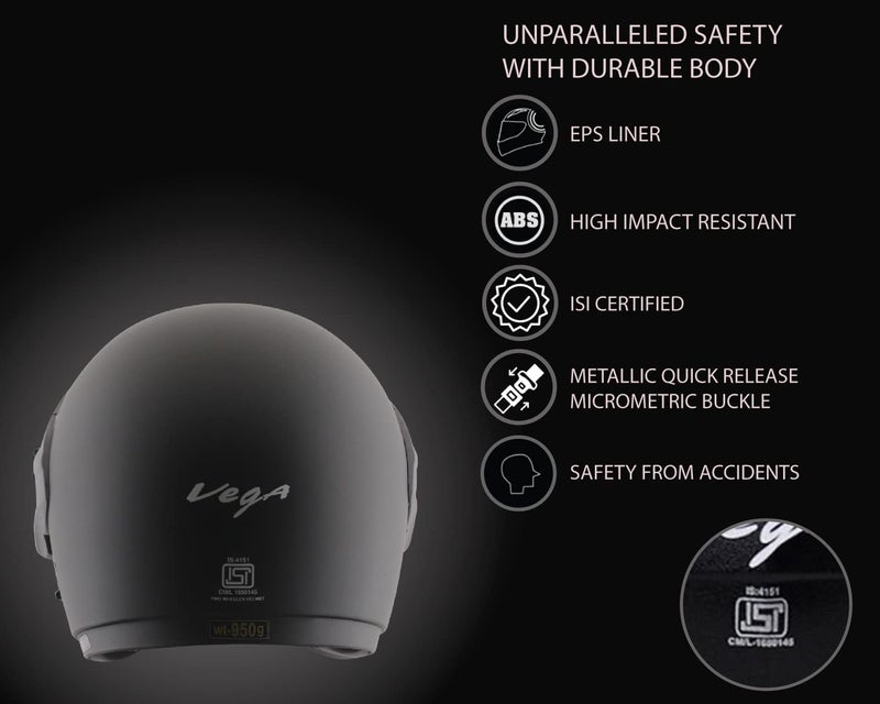Vega Cruiser ISI Certified Matt Finish Lightweight & Compact with Peak Open Face Helmet for Men and Women with Clear Visor(Dull Black, Size:M) - Image 3