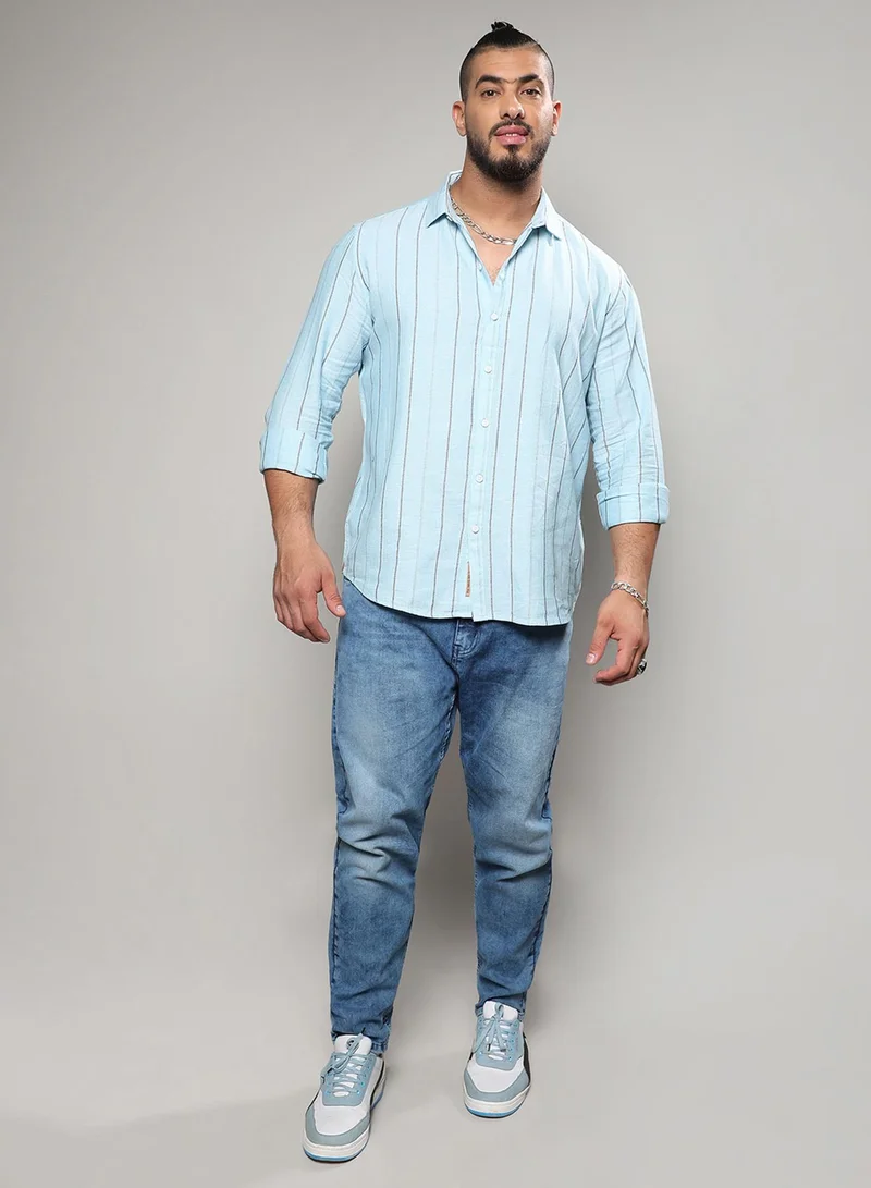 Instafab Plus Instafab Plus Men's Light Blue Contrast Pinstriped Shirt For Casual Wear | Spread Collar | Long Sleeve | Button Closure | Cotton Viscose Shirt Crafted With Comfort Fit For Everyday Wear