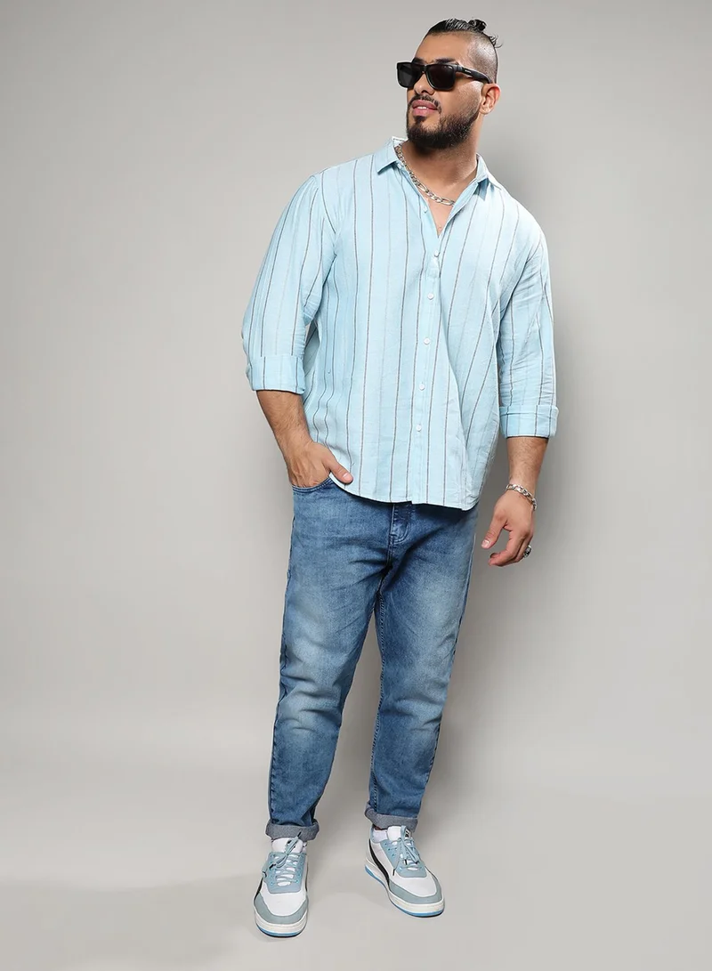 Instafab Plus Instafab Plus Men's Light Blue Contrast Pinstriped Shirt For Casual Wear | Spread Collar | Long Sleeve | Button Closure | Cotton Viscose Shirt Crafted With Comfort Fit For Everyday Wear