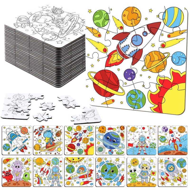Realspring 24 Pack Outer Space Color Your Own Jigsaw Puzzles for Kids 35 46 68 Coloring Crafts DIY Paper Puzzles Party Favors Gifts for Toddler Children Learning Education Toys - Image 3