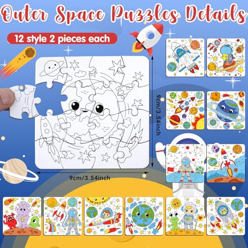 Realspring 24 Pack Outer Space Color Your Own Jigsaw Puzzles for Kids 35 46 68 Coloring Crafts DIY Paper Puzzles Party Favors Gifts for Toddler Children Learning Education Toys - Image 5